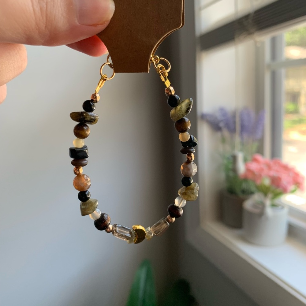 12A. Handmade Natural Stone and Gold and Black Beaded Bracelet